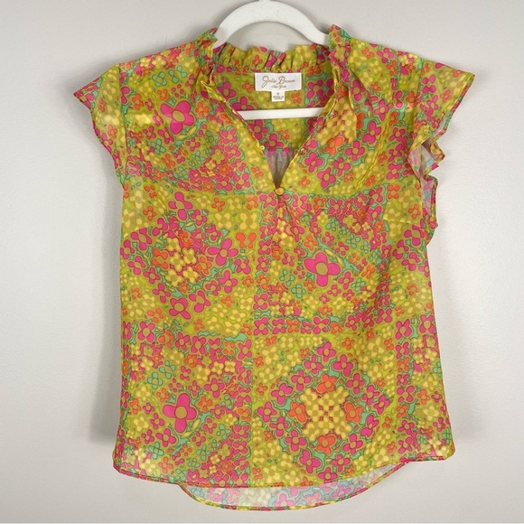 Julie Brown Top Womens 2 Blouse Neon Floral Ruffle Neckline Short Sleeve Green - Picture 7 of 7